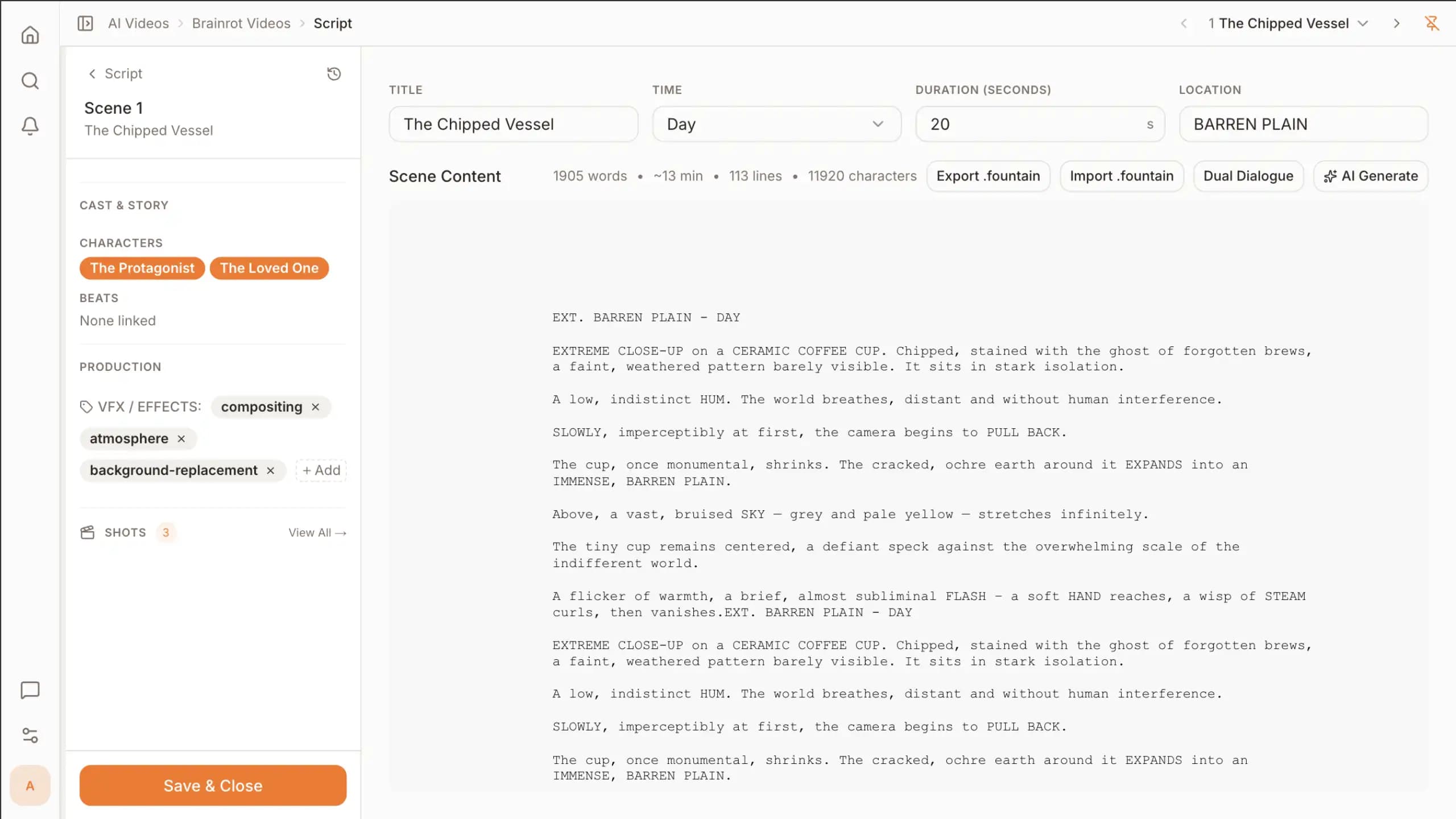 A formatted screenplay page in BakeFrame's script editor